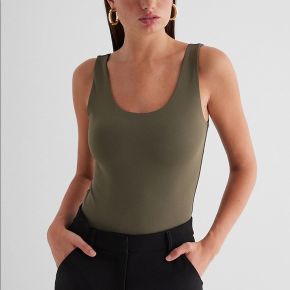 Express Body Contour High Compression Scoop Neck Bodysuit Olive Green - Picture 3 of 6